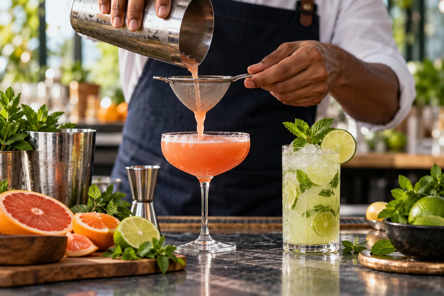 Citrus beverage preparation at a bar workstation